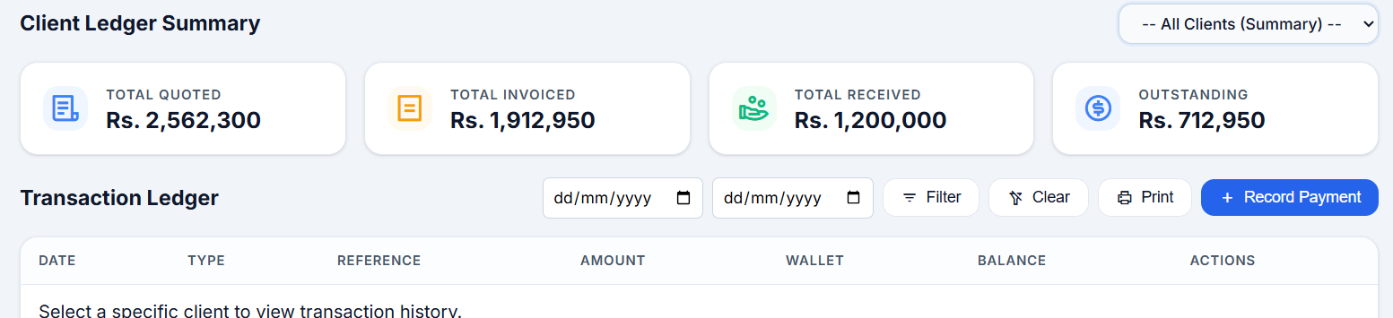 Real client ledger showing total quoted, invoiced, received and outstanding balances