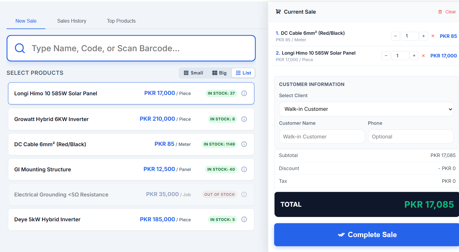 Real point-of-sale terminal with product grid and live cart totals