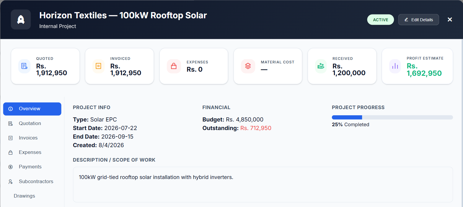 Real project detail view showing quoted, invoiced, received and profit estimate