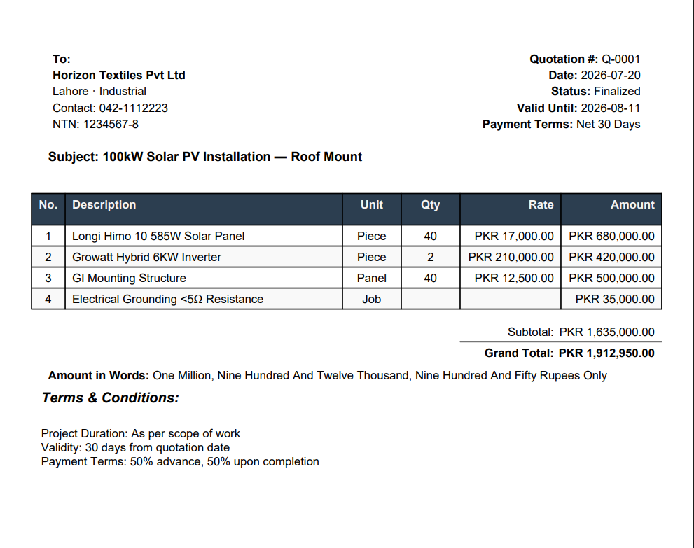 A real branded PDF quotation generated by SmartEPCHub
